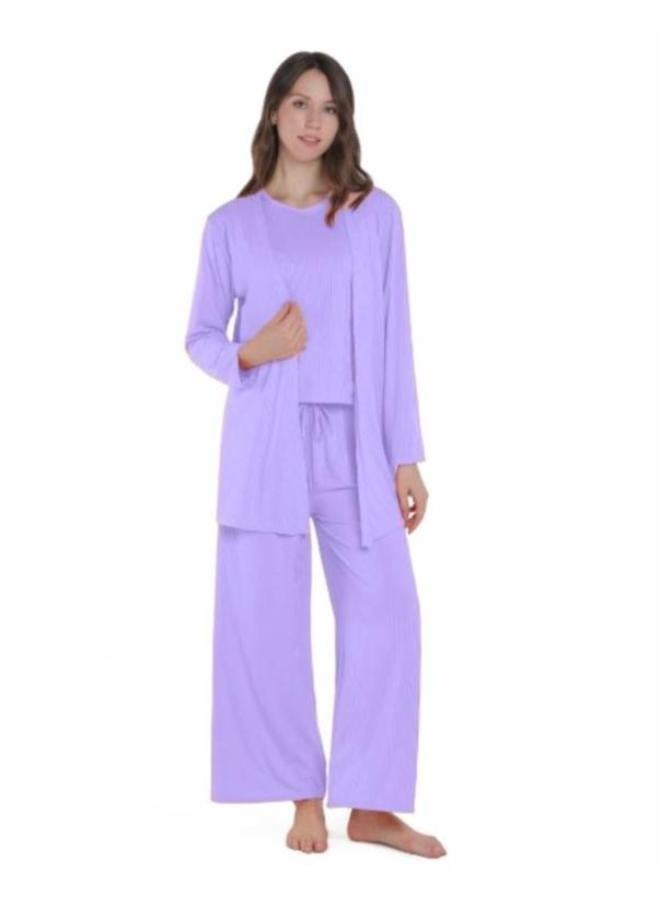 3 Piece Woman Pajamas Ribbed Cardigan Sweater Tops And Pants Loungewear Set For Women - Image 2