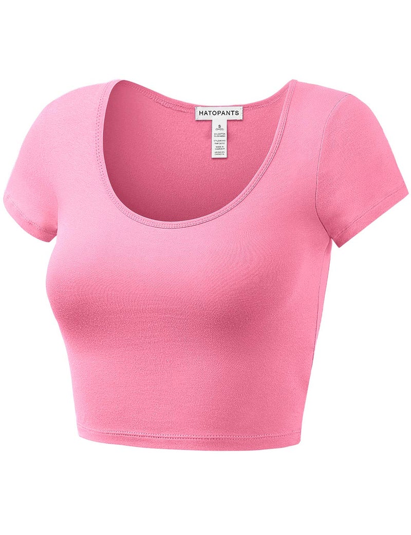 HATOPANTS Women's Cotton Crop Tops Short Sleeve Scoop Neck Stretchy Casual Shirt NFUC S - Image 2