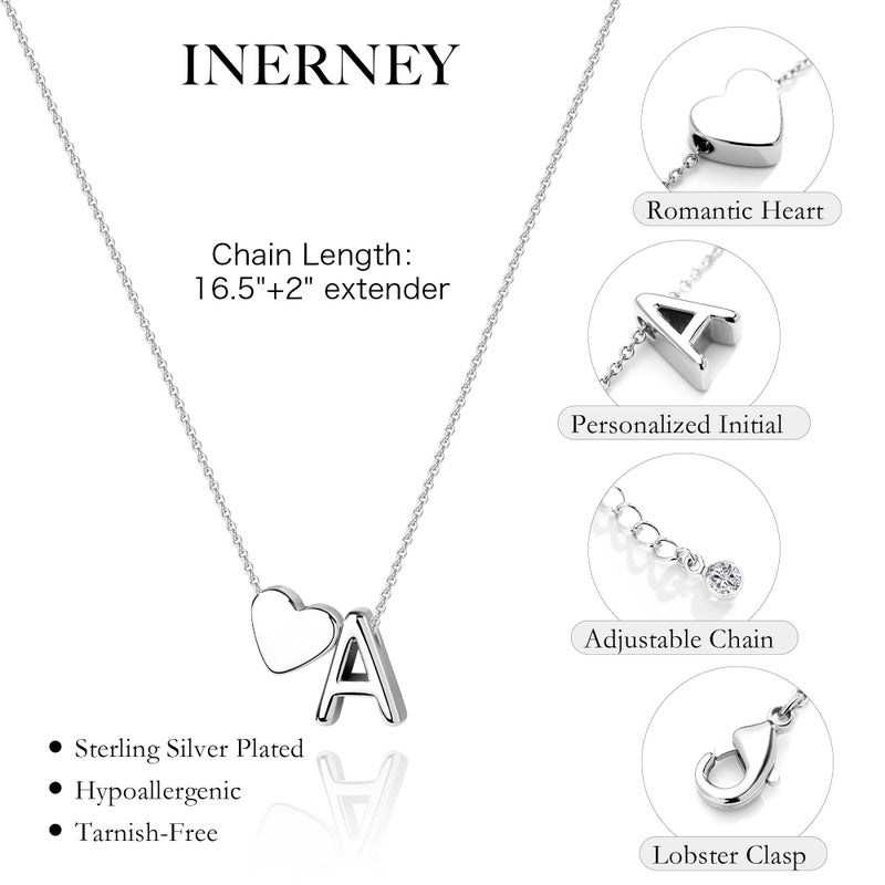Inerney Silver A Necklace, Initial Heart Pendant Necklace for Women, Silver Plated Personalized Jewelry, Custom Letter A Charm Gift for Her Birthday Anniversary Valentine's Day - Image 3