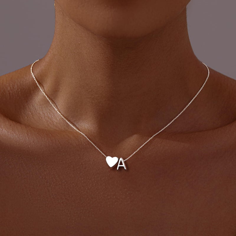Inerney Silver A Necklace, Initial Heart Pendant Necklace for Women, Silver Plated Personalized Jewelry, Custom Letter A Charm Gift for Her Birthday Anniversary Valentine's Day - Image 2