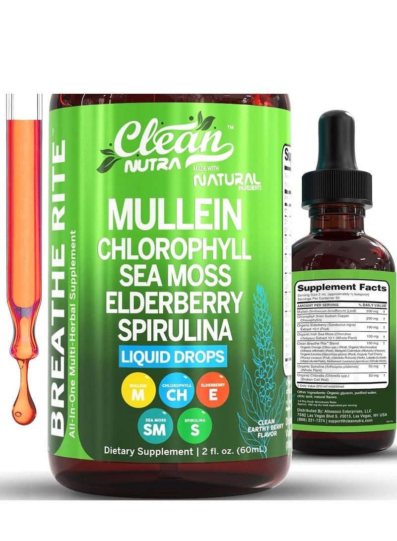 كلين نيوتراسيوتيكالز قطرات سائلة عضوية من نبات المولين مع الكلوروفيل لتنقية الرئتين بالإضافة إلى طحالب البحر الأيرلندية، سبيرولينا، عرق السوس، الكرز الحامض، اللوبيليا، نبتة الأم، وبلسان العجوز لمكمل غذائي صحي للرجال والنساء فيتامين (60 مل) - Image 1