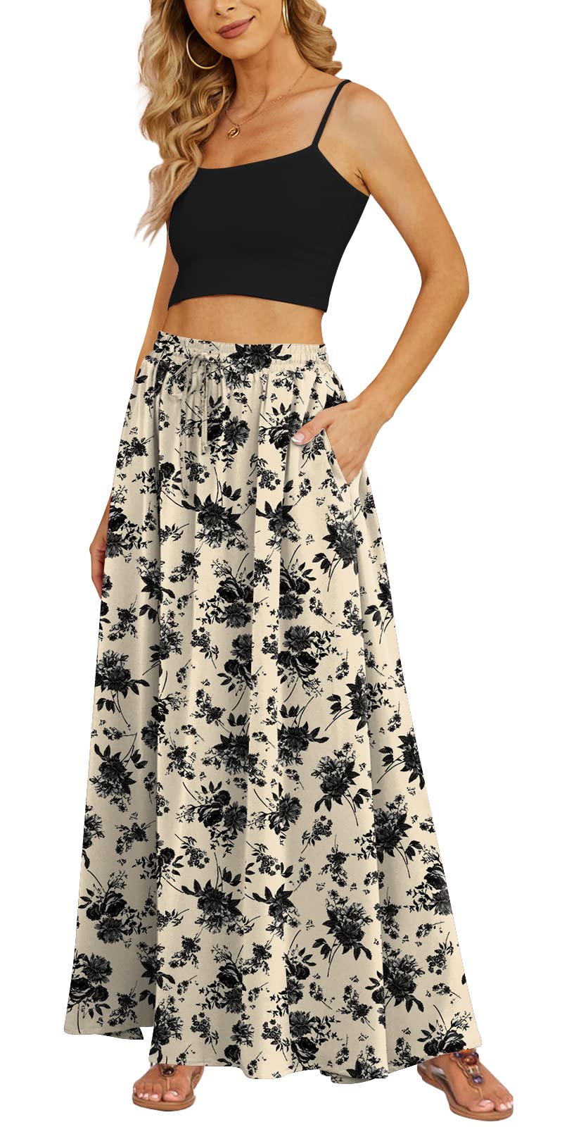Yincro Women's Flowy Maxi Skirt Summer Pleated High Waisted Casual Long Skirts with Pockets (Black Flower Light Beige, XL) - Image 5