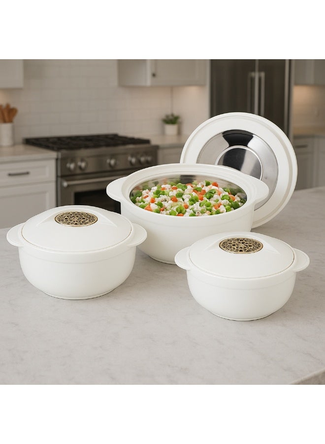 BASURRAH 3-Piece Thermal Food Container Set - white - Made in India - 2.5L + 1.5L + 1.0L - Stainless Steel Inner - Image 1