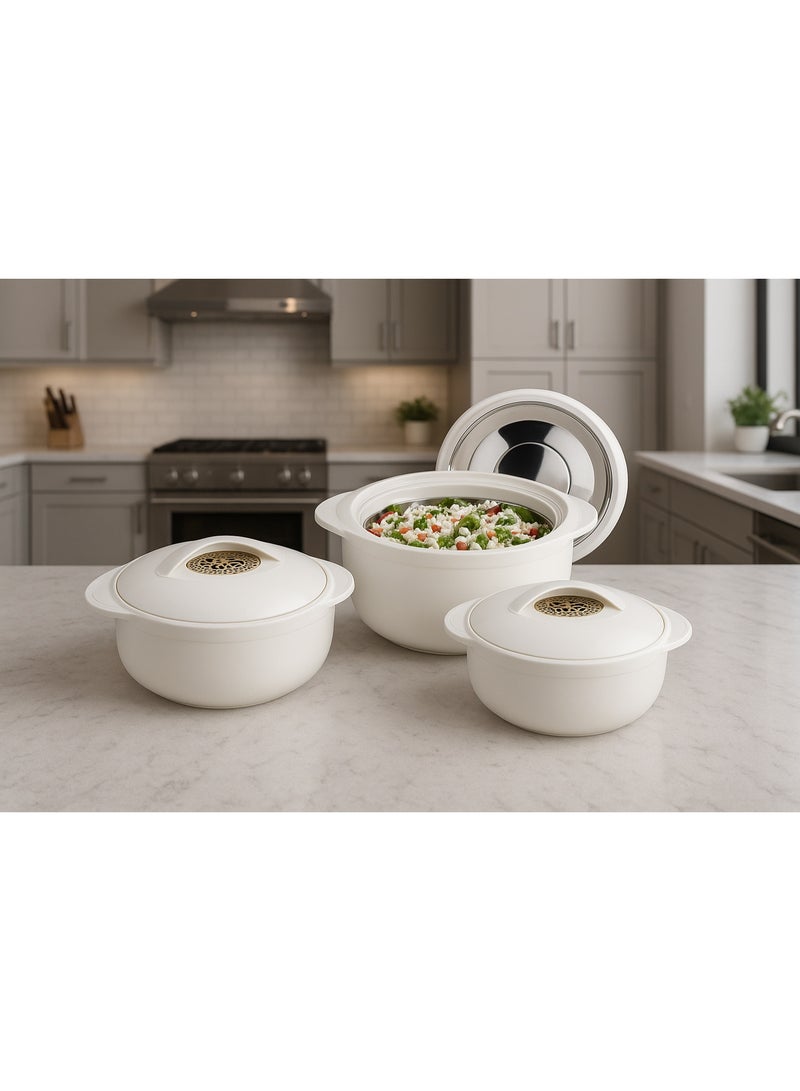 BASURRAH 3-Piece Thermal Food Container Set - white - Made in India - 2.5L + 1.5L + 1.0L - Stainless Steel Inner - Image 3