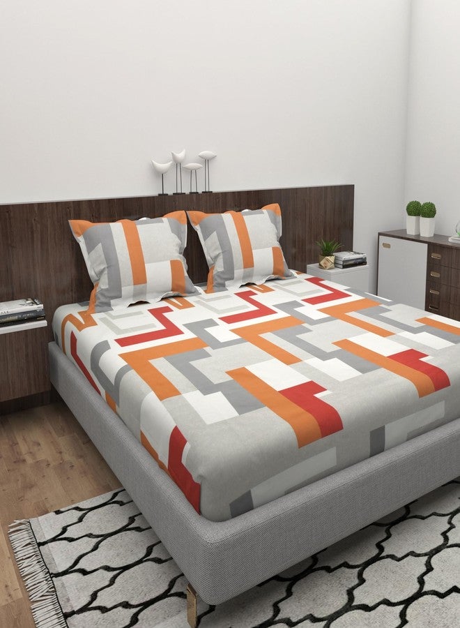 EVERLUSH 210 TC Cotton Feel Glace Cotton All Around Elastic Fitted Bedsheets, Bedsheet Double Size, Bedsheet for Double Bed Elastic Fitted with 2 Pillow Covers, Size-72x78x8 Inches, (Grey ORNG Line) - Image 1