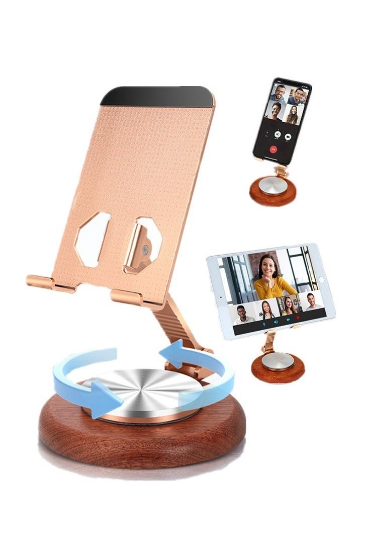 Phone Holder Premium,Mobile and Tablet Stand,360° Swivelling Solid Wood Base+All-Metal Adjustable Collapsible Premium Phone Holder,With Anti-slip Pads Phone Mount ,Compatible with iPhone,iPad,Android Mobile Phones and Tablets for Office/Live/Movie Watching,Mount,Mobile and Tablet Holder Premium-Gold - Image 1