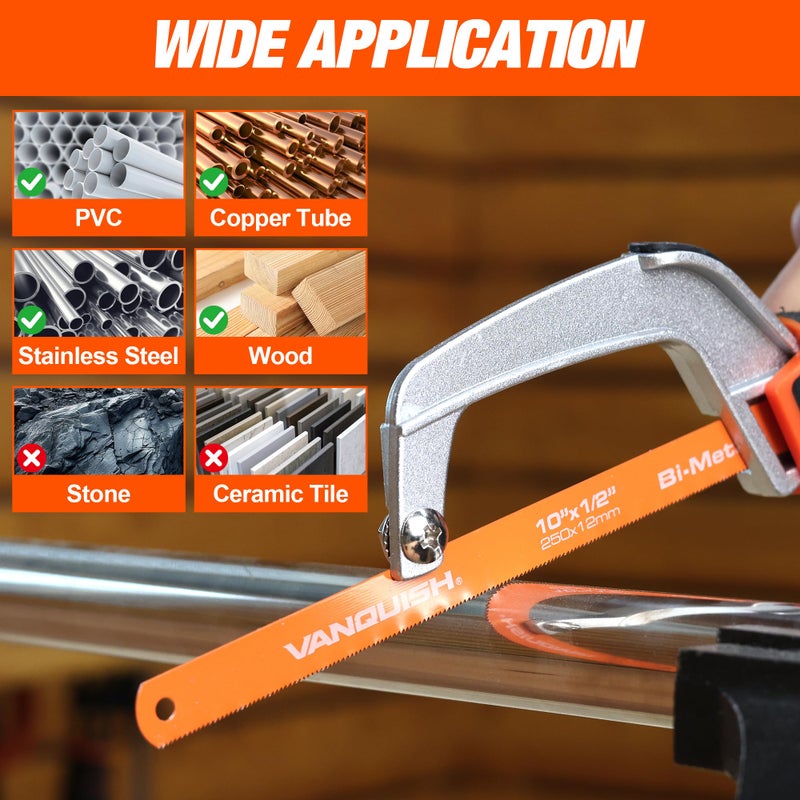 VANQUISH Hacksaw, Compact Hand Operating Hack Saw with 10 Inch Aluminum Frame, Bi-Metal HSS Blades, Suitable for Wood and Metal Mini Hacksaw 4851 - Image 5