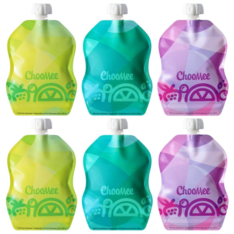 ChooMee Reusable Baby Food Storage Pouches, 8 oz | Ideal for Baby Food, Smoothies and Purees | Secure Double Lock Zipper, Wide Bottom, BPA Free | SnakPack TropiColor 6 CT - Image 1