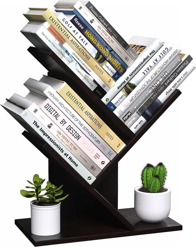 UniShop UniArt Free Standing Tree Shape 3 Tier Bookshelf Storage Organizer for Desk Perfect for Office Home Brown 669 D x 1217 W x 16 H - Image 1