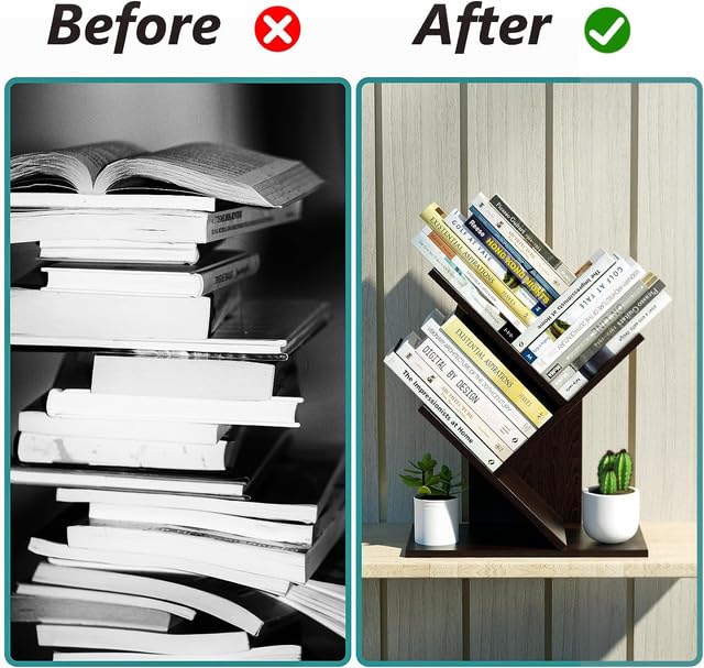 UniShop UniArt Free Standing Tree Shape 3 Tier Bookshelf Storage Organizer for Desk Perfect for Office Home Brown 669 D x 1217 W x 16 H - Image 4