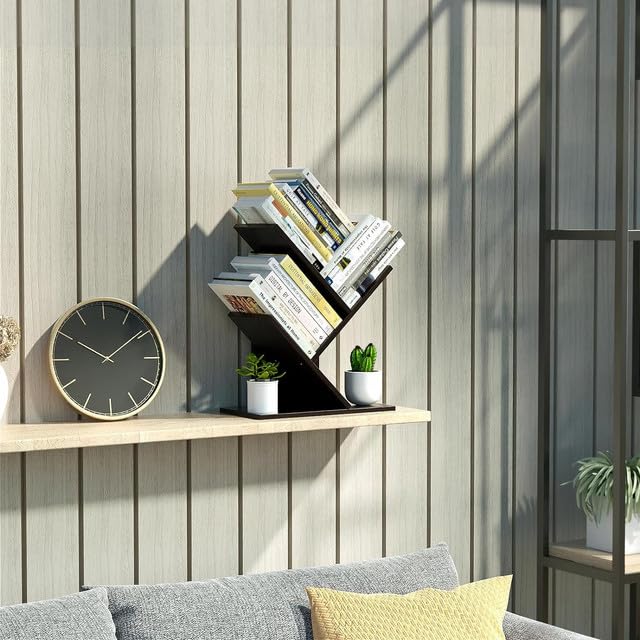 UniShop UniArt Free Standing Tree Shape 3 Tier Bookshelf Storage Organizer for Desk Perfect for Office Home Brown 669 D x 1217 W x 16 H - Image 2