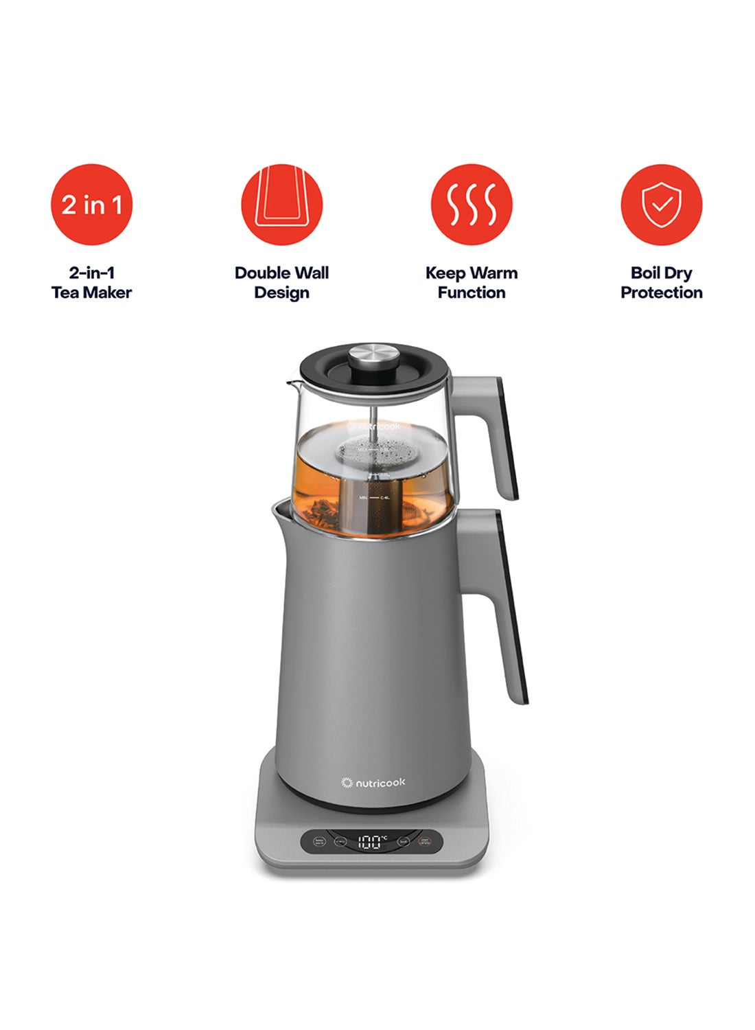 2-in-1 Electric Tea Maker & Kettle with Double Wall Design, Rapid Boil, Keep Warm, Boil Dry Protection & Strix Controller – Stainless Steel Water Boiler, Grey, 2 Year Warranty, KTM330 1.7 L 1500 W NC-KTM330G grey