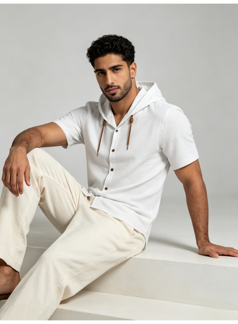 زارا ZARA Men’s White Short Sleeve Hooded Button Down Shirt - Image 3