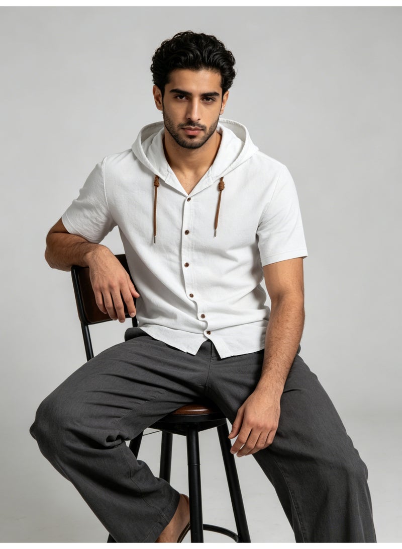 زارا ZARA Men’s White Short Sleeve Hooded Button Down Shirt - Image 5