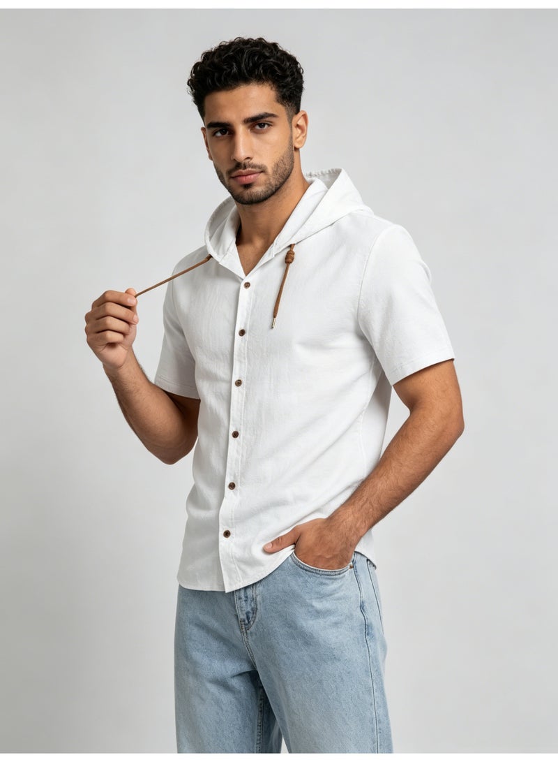 زارا ZARA Men’s White Short Sleeve Hooded Button Down Shirt - Image 1