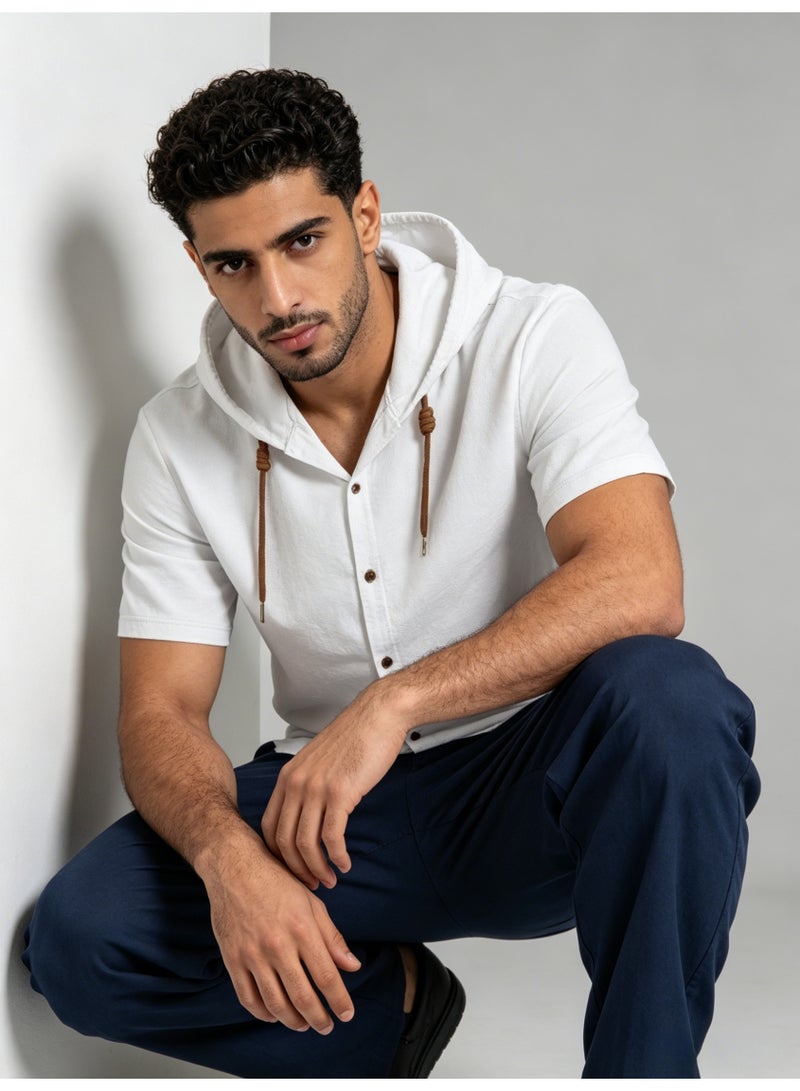زارا ZARA Men’s White Short Sleeve Hooded Button Down Shirt - Image 4