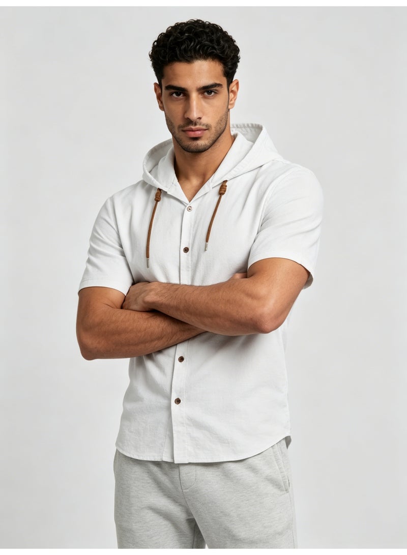 زارا ZARA Men’s White Short Sleeve Hooded Button Down Shirt - Image 2