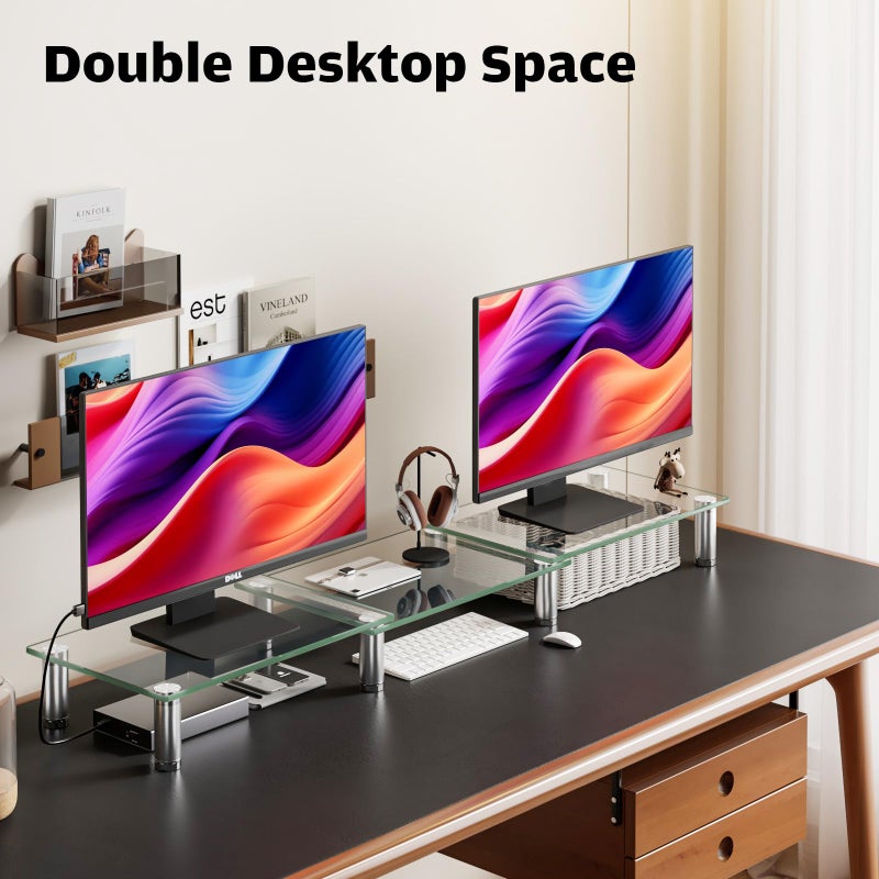 Hemudu Dual Monitor Stand -Adjustable Length and Angle Dual Monitor Riser, Desktop Organizer for PC, Computer, Laptop (Clear) - Image 2