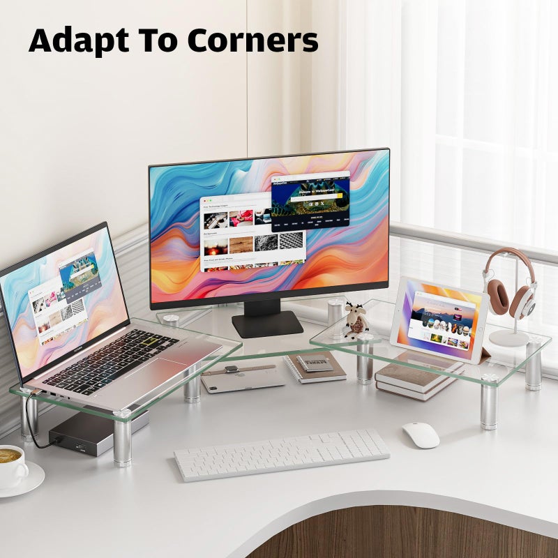 Hemudu Dual Monitor Stand -Adjustable Length and Angle Dual Monitor Riser, Desktop Organizer for PC, Computer, Laptop (Clear) - Image 4