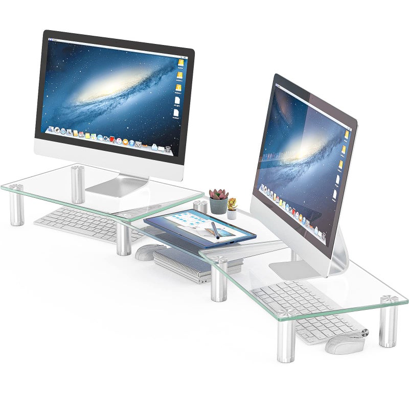 Hemudu Dual Monitor Stand -Adjustable Length and Angle Dual Monitor Riser, Desktop Organizer for PC, Computer, Laptop (Clear) - Image 1