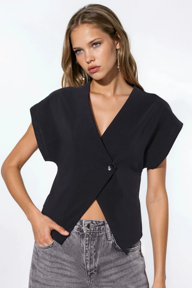 Hiccup Solid V-Neck Short Sleeve Blouse with Button Closure
