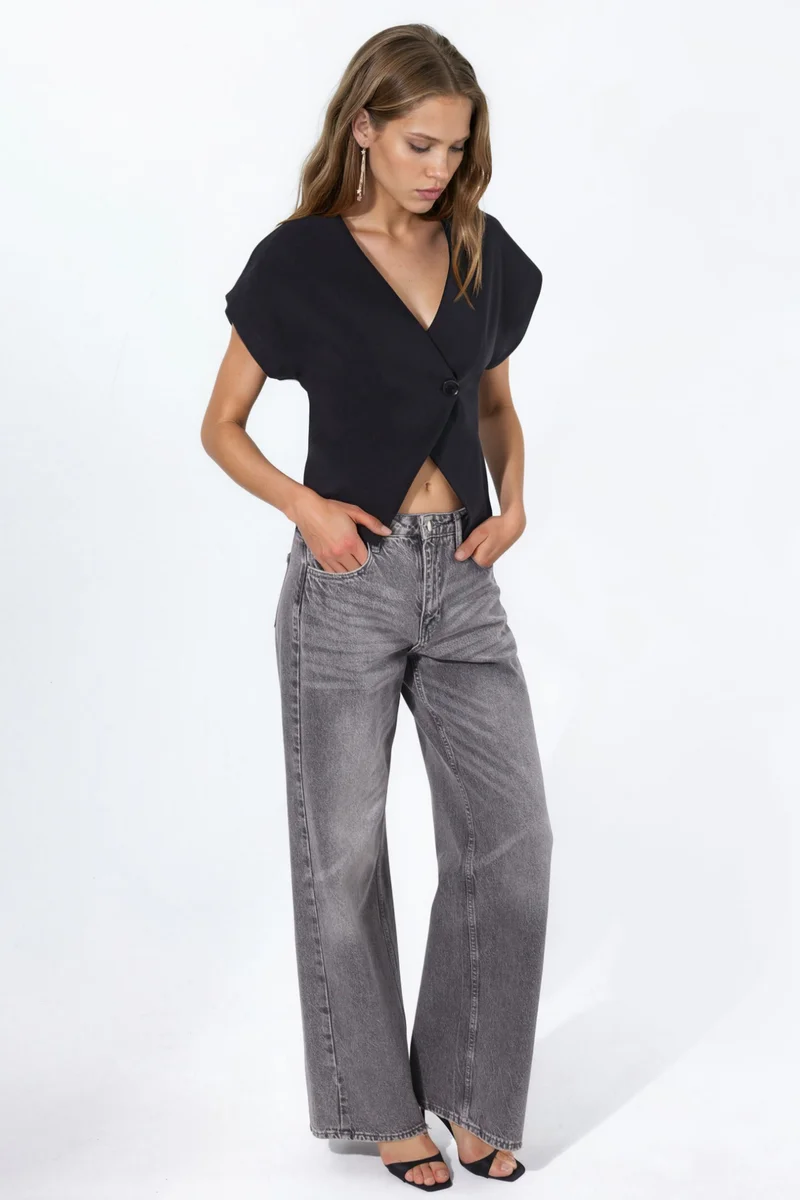 Hiccup Solid V-Neck Short Sleeve Blouse with Button Closure