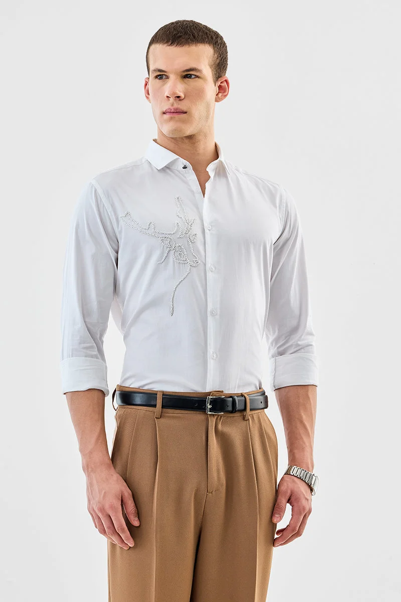 سنيتش White Embellished Long Sleeve Slim Fit Formal Luxe Shirt