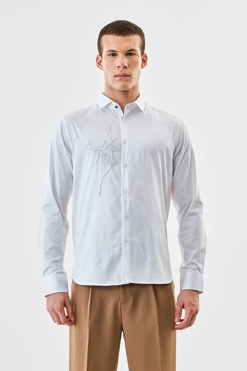 سنيتش White Embellished Long Sleeve Slim Fit Formal Luxe Shirt