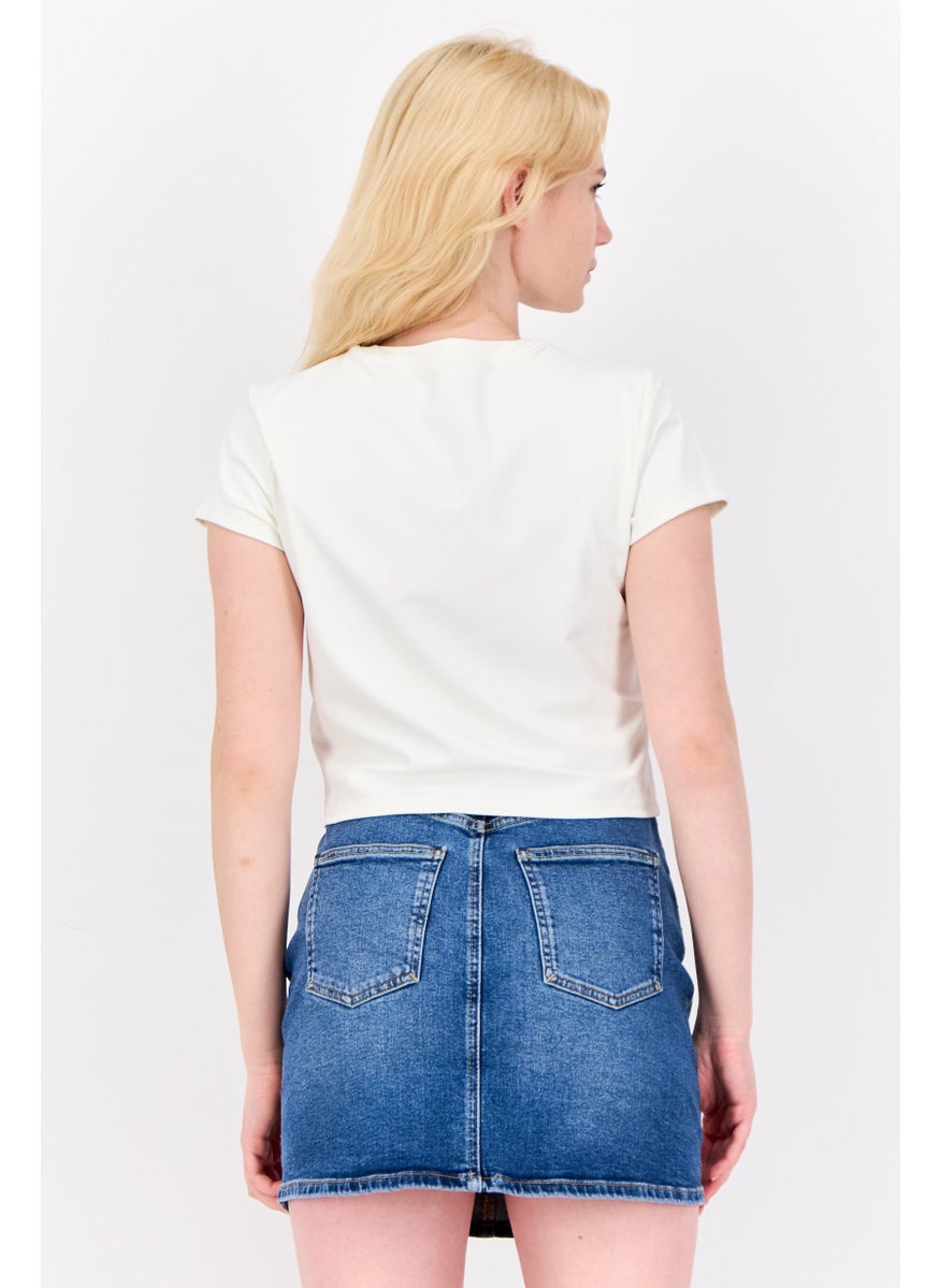 ESPRIT - Women Crew Neck Short Sleeve Brand Logo Crop Top, Off White - Image 1