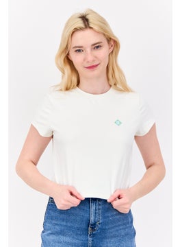 Women Crew Neck Short Sleeve Brand Logo Crop Top, Off White