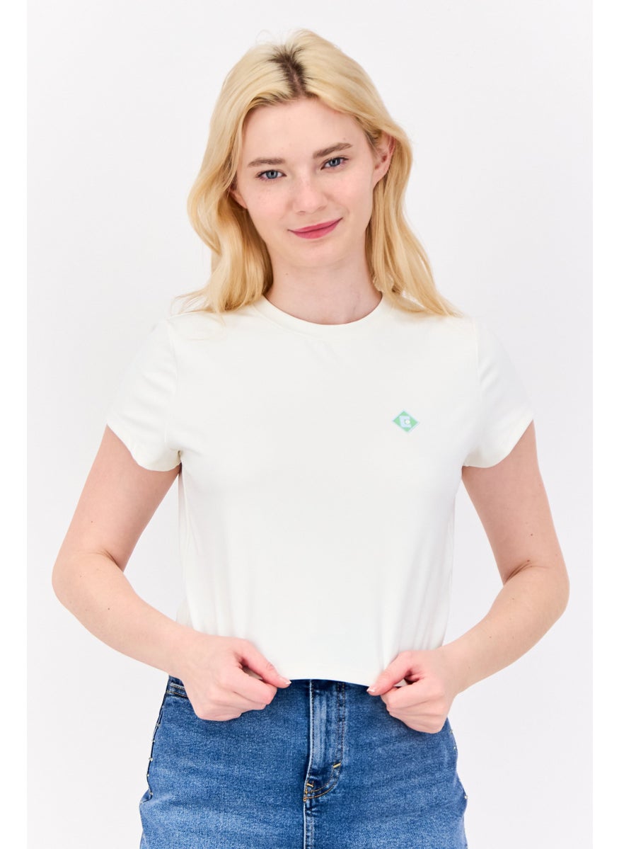 ESPRIT - Women Crew Neck Short Sleeve Brand Logo Crop Top, Off White - Image 1