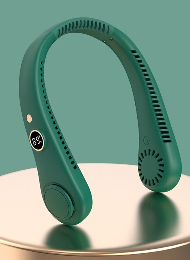 HaveDream LED Digital Display Neck Hanging Fan, Outdoor Sports Student USB Bladeless Turbine Silent High Wind Power Mini Fan-Green - Image 1