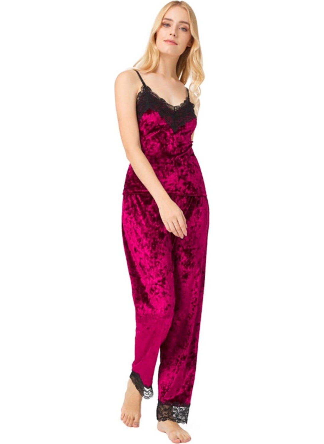 COTTONHILL Cherry Lace Detailed Velvet Women's Pajama Set  - Image 1