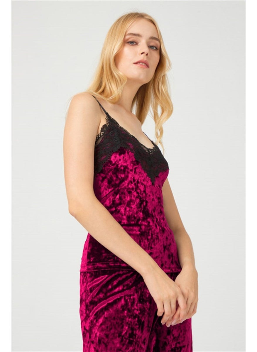 COTTONHILL Cherry Lace Detailed Velvet Women's Pajama Set  - Image 3