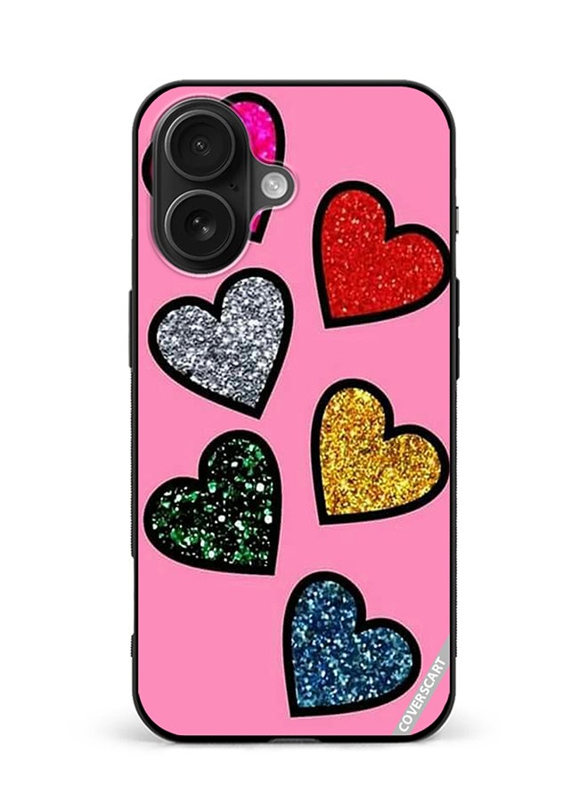 Protective Case Cover For Apple iPhone 16 Plus Glitter Hearts In Pink Background Design Multicolour