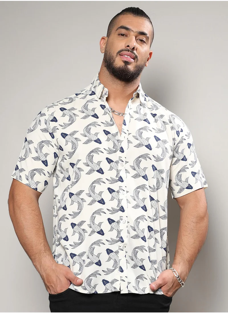 Instafab Plus Instafab Plus Men's White Fish Print Button Up Plus-Size Fit Shirt For Casual Wear | Heavy Rayon Spread Collar Shirt Crafted With Regular Sleeve & Comfort Fit For Everyday Wear