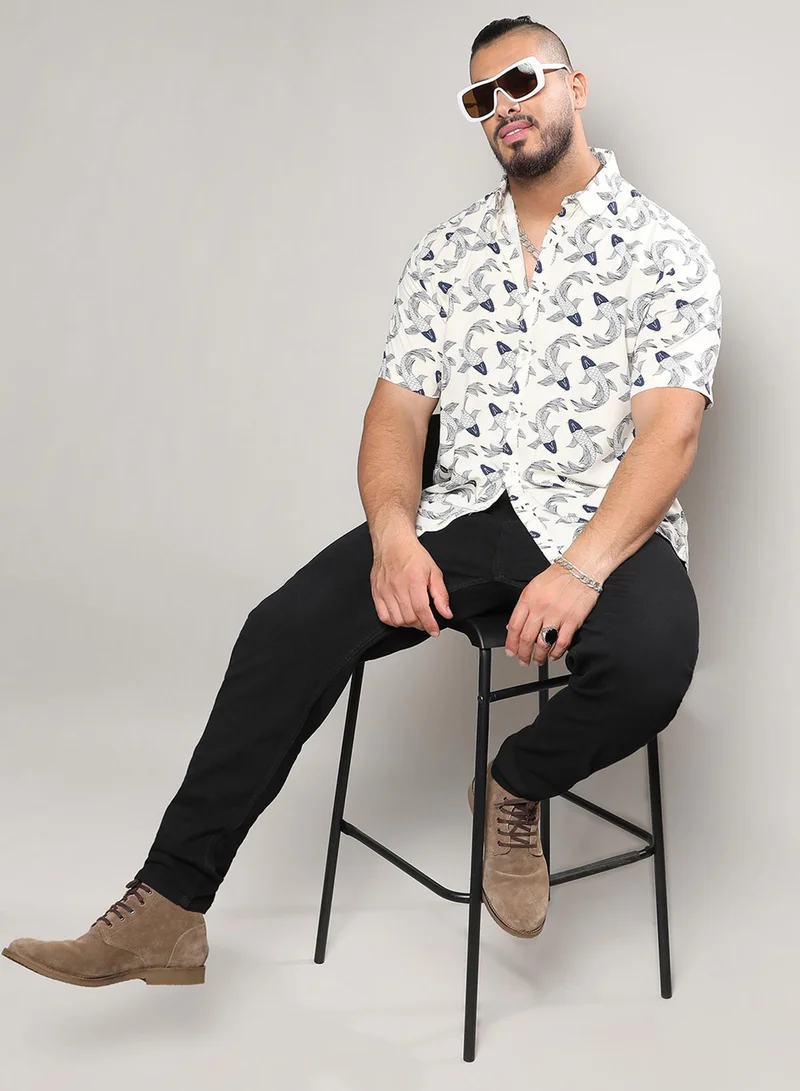 Instafab Plus Instafab Plus Men's White Fish Print Button Up Plus-Size Fit Shirt For Casual Wear | Heavy Rayon Spread Collar Shirt Crafted With Regular Sleeve & Comfort Fit For Everyday Wear