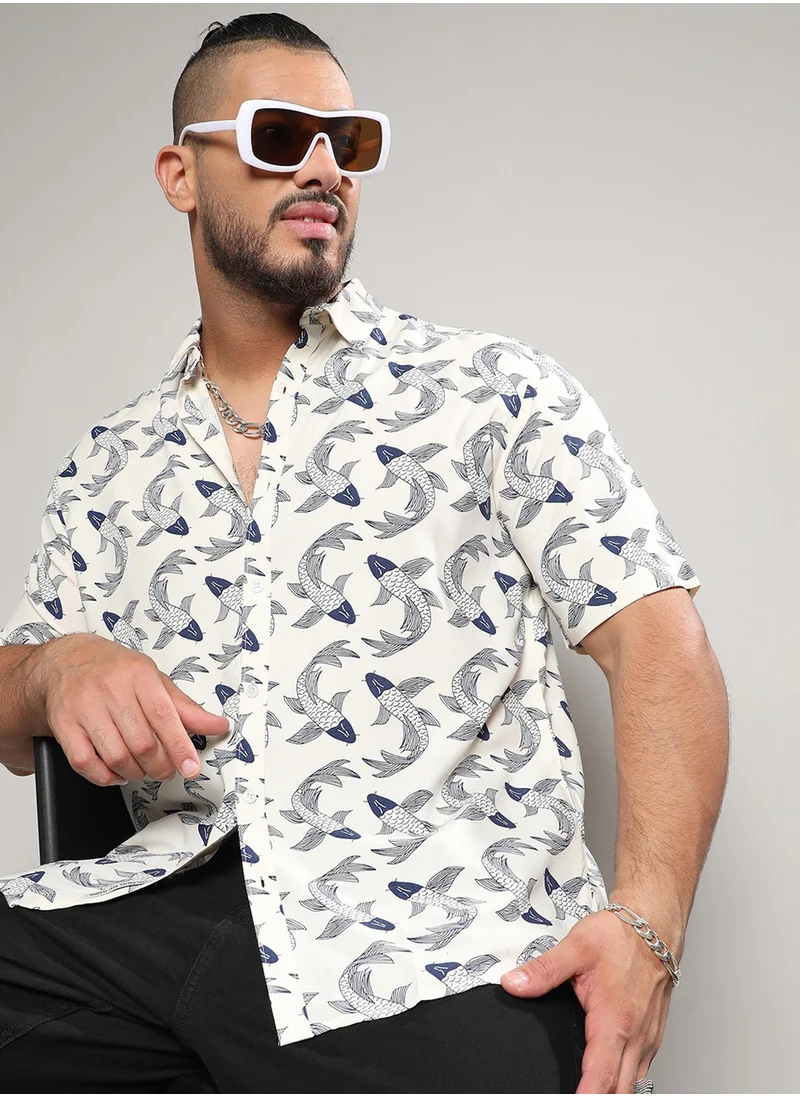 Instafab Plus Instafab Plus Men's White Fish Print Button Up Plus-Size Fit Shirt For Casual Wear | Heavy Rayon Spread Collar Shirt Crafted With Regular Sleeve & Comfort Fit For Everyday Wear