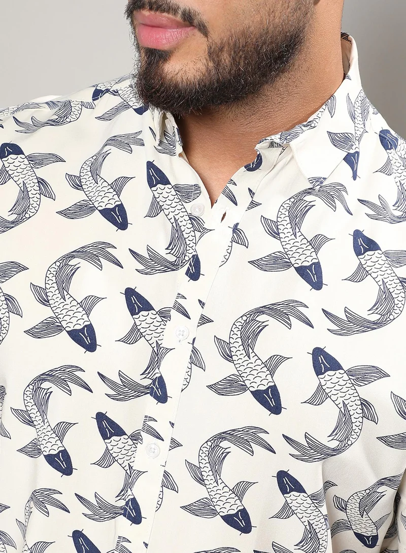 Instafab Plus Instafab Plus Men's White Fish Print Button Up Plus-Size Fit Shirt For Casual Wear | Heavy Rayon Spread Collar Shirt Crafted With Regular Sleeve & Comfort Fit For Everyday Wear