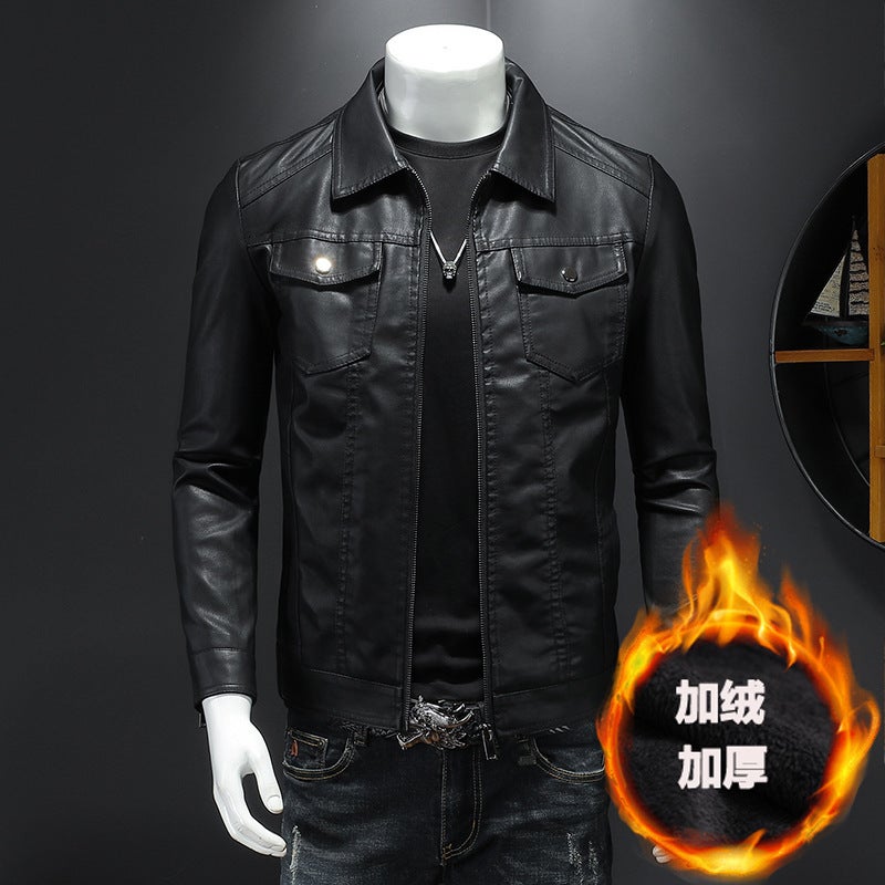 Men'S Leather Jacket 2023 New Spring, Korean Style Slim-Fit Trendy Fleece-Lined Thickened Motorcycle Jacket Men'S Leather Jacket - Image 4
