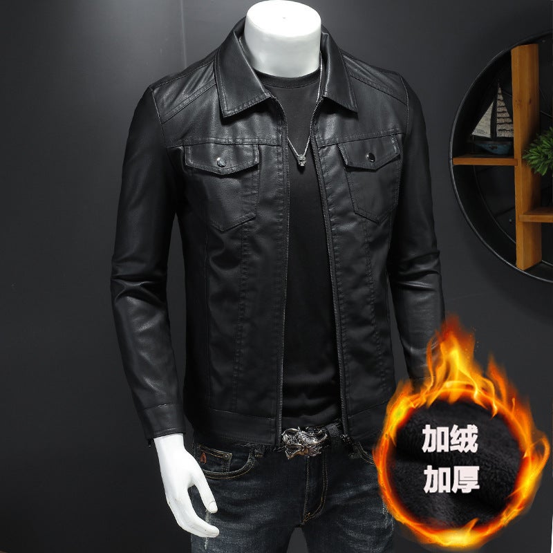 Men'S Leather Jacket 2023 New Spring, Korean Style Slim-Fit Trendy Fleece-Lined Thickened Motorcycle Jacket Men'S Leather Jacket - Image 5