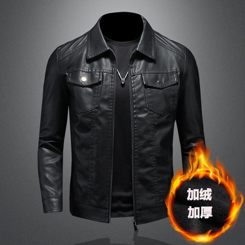 Men'S Leather Jacket 2023 New Spring, Korean Style Slim-Fit Trendy Fleece-Lined Thickened Motorcycle Jacket Men'S Leather Jacket - Image 1