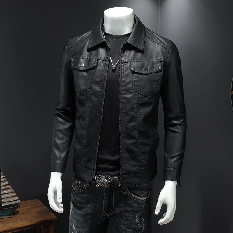 Men'S Leather Jacket 2023 New Spring, Korean Style Slim-Fit Trendy Fleece-Lined Thickened Motorcycle Jacket Men'S Leather Jacket - Image 3