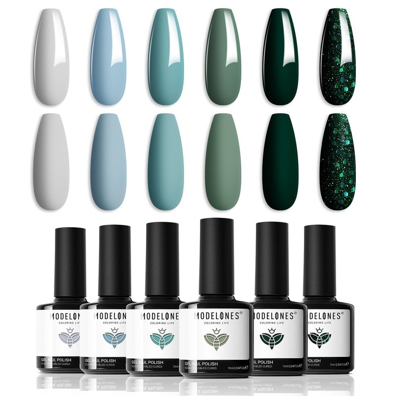 modelones Gel Nail Polish Set - 6 Colors Misty Gray Dark Green Glitter Gel Polish Kit Sage Green Baby Blue Nail Polish Soak Off LED Nail Lamp Nail Kit Fall Winter Nails Salon DIY Gift - Image 1