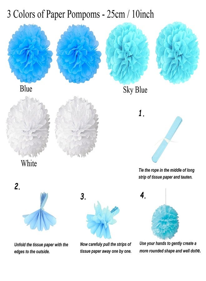 ZERODECO Birthday Decoration Set - Happy Birthday Banner with Fans, Pom Poms, Swirls and Balloons - Blue, Sky Blue and White - Image 2