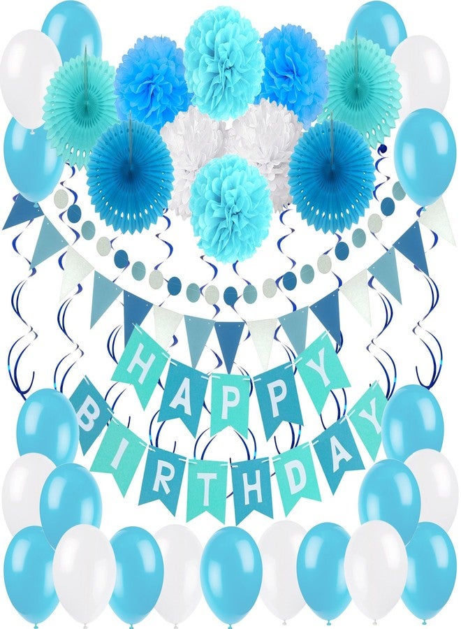 ZERODECO Birthday Decoration Set - Happy Birthday Banner with Fans, Pom Poms, Swirls and Balloons - Blue, Sky Blue and White - Image 1