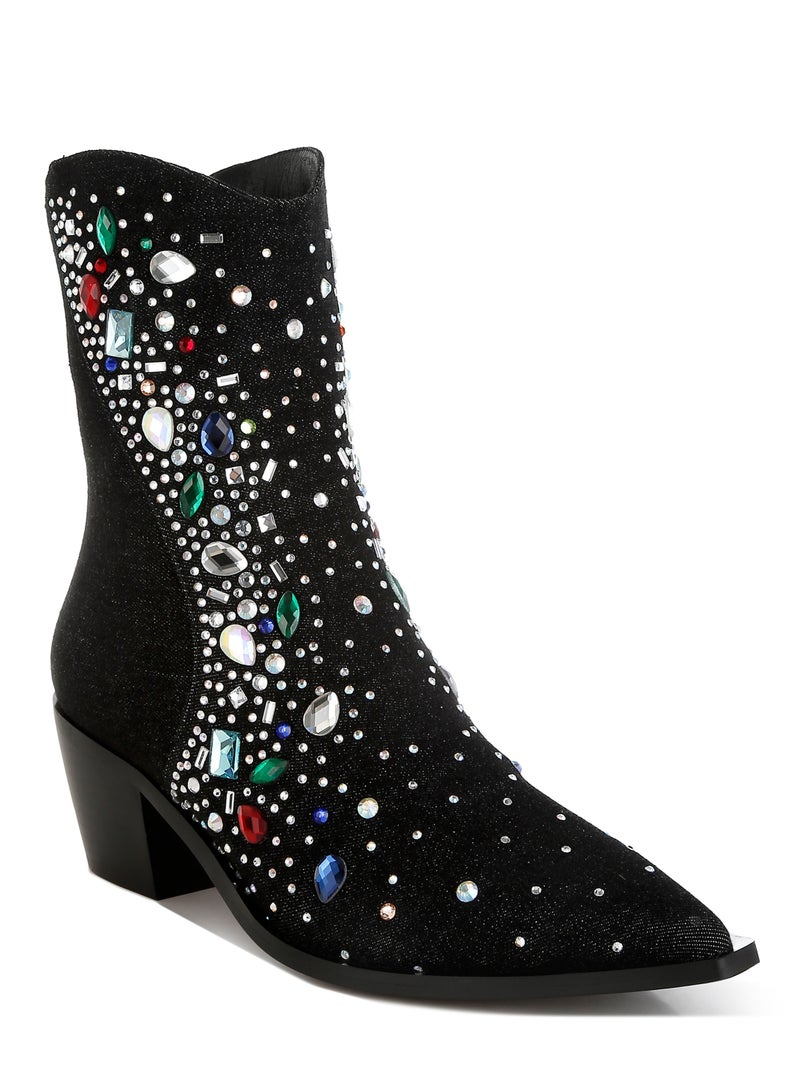 London Rag Multi Color Stones Embellished Boots in Black  - Image 2