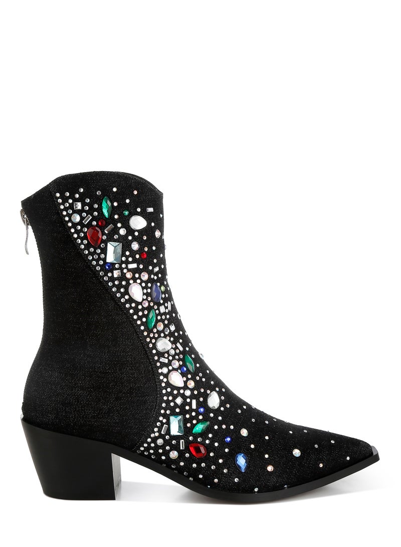 London Rag Multi Color Stones Embellished Boots in Black  - Image 1