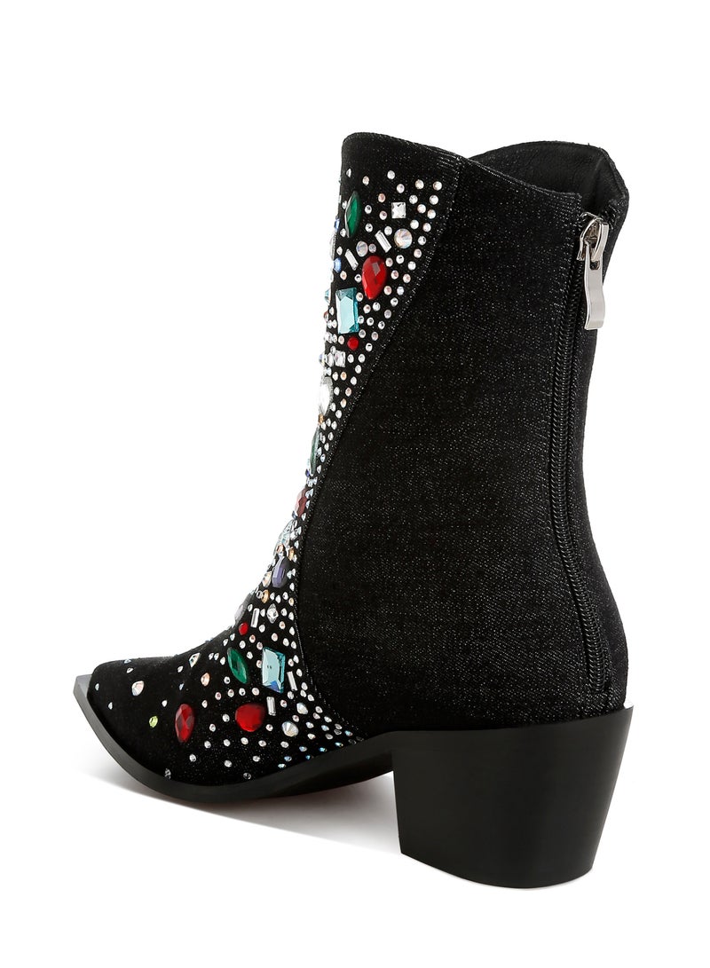London Rag Multi Color Stones Embellished Boots in Black  - Image 3