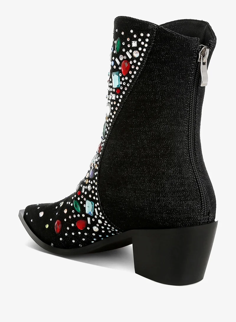 London Rag Multi Color Stones Embellished Boots in Black